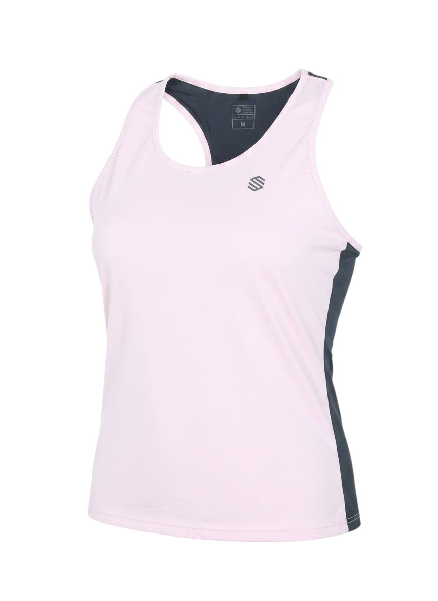 Prewornwholesale Siroko Sportswear women's pink and navy racerback running tank top in a breathable polyester blend