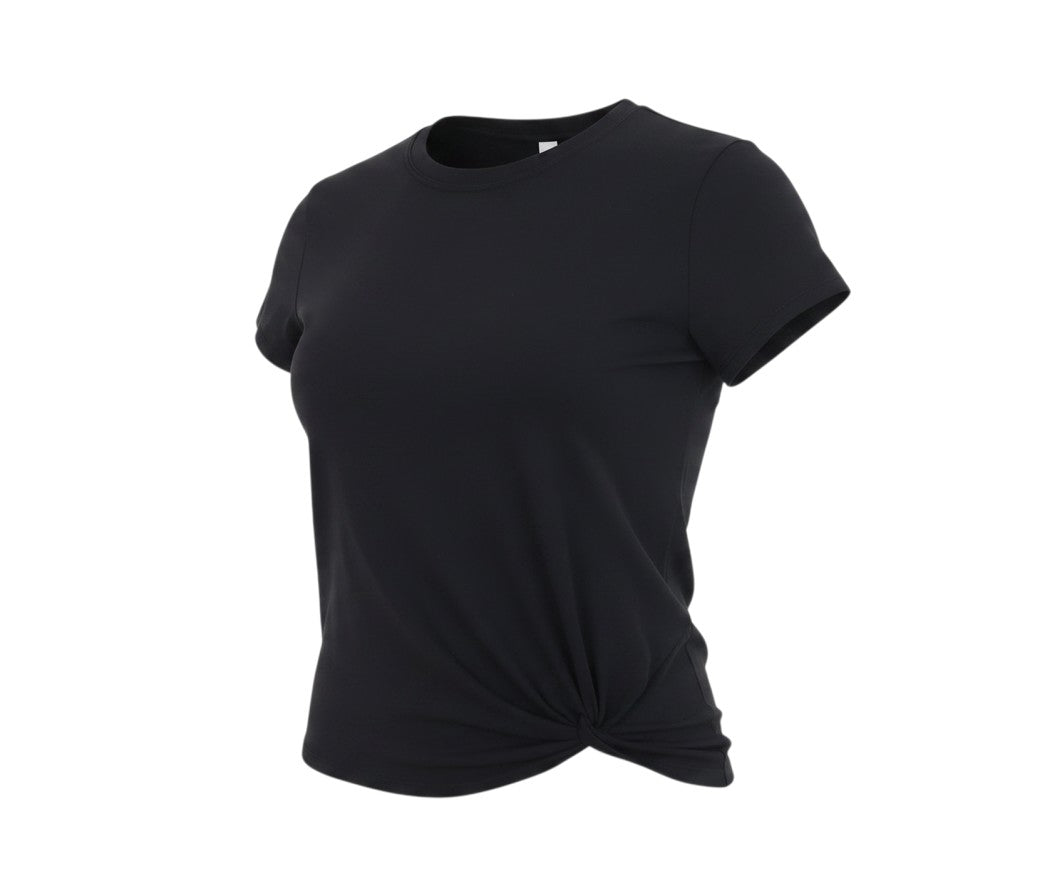 Prewornwholesale Skechers women's black short sleeve crew neck T-shirt with a side knot detail in a soft stretch fabric