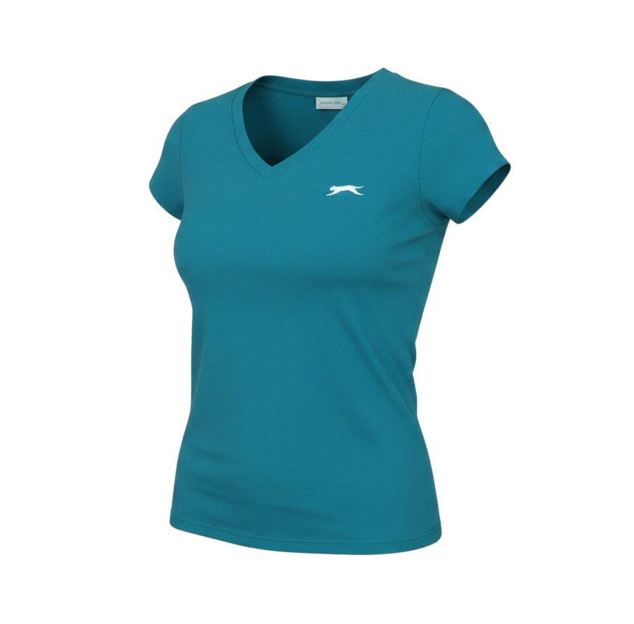 Prewornwholesale Slazenger women's blue cotton V-neck t-shirt with white logo on chest