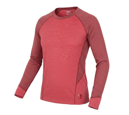 Prewornwholesale Sprayway women's red long sleeve active t-shirt in a wool-polyester blend with raglan sleeves.