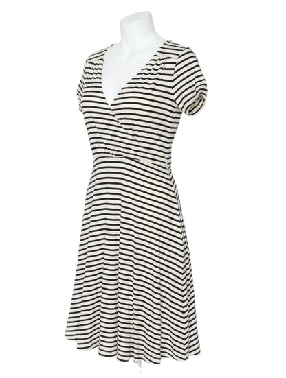 Prewornwholesale Great Plains black and white striped cotton jersey A-line dress with a V-neck and short sleeves.