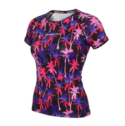 Prewornwholesale Superdry women's athletic t-shirt featuring a vibrant pink and purple tropical palm tree print.