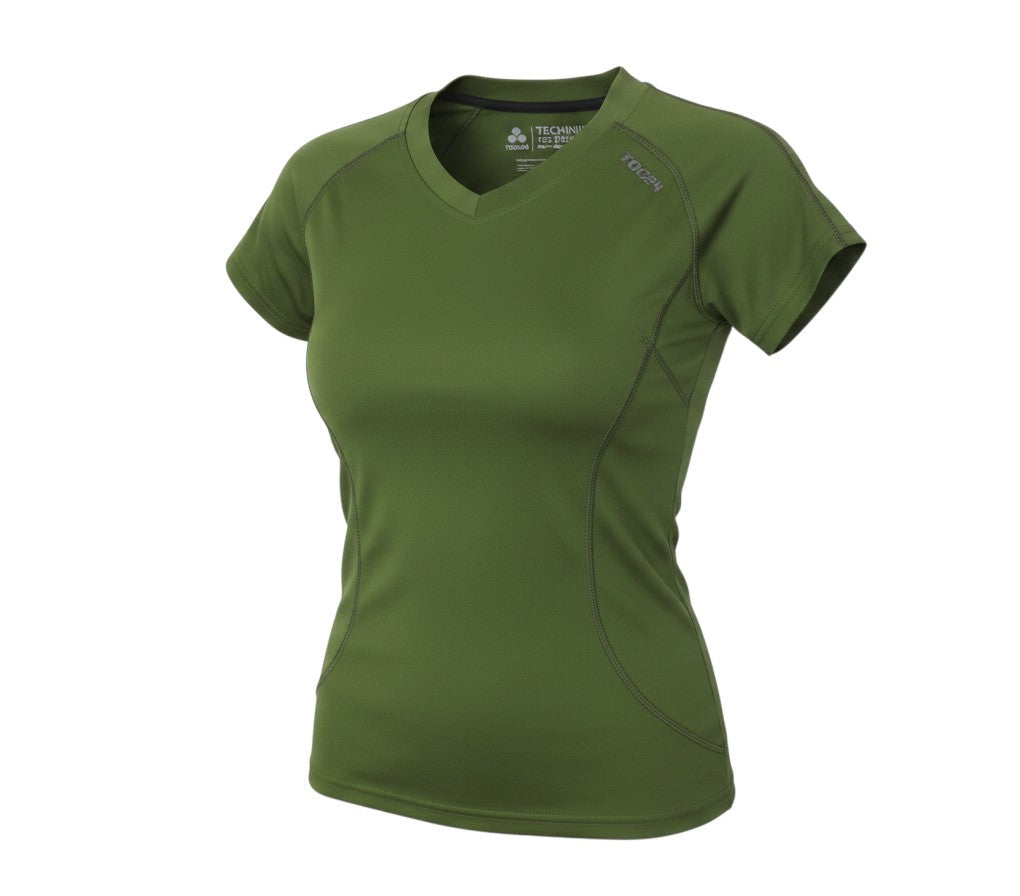 Prewornwholesale TOG24 women's green athletic V-neck t-shirt with moisture-wicking fabric and raglan sleeves.