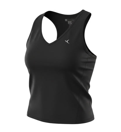 Prewornwholesale Tomyos women's black V-neck tank top with a racerback design for gym and athletic training.