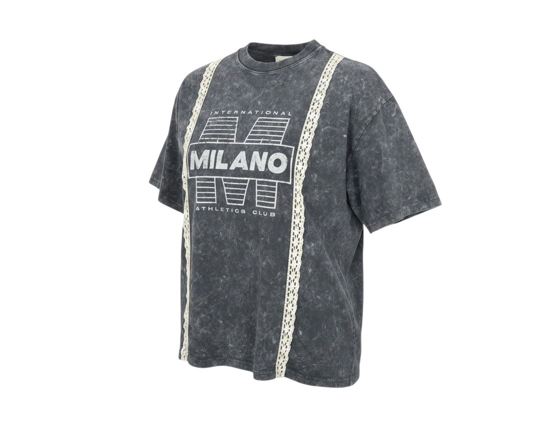 Prewornwholesale Topshop grey acid wash cotton t-shirt with Milano graphic print and white lace trim detail