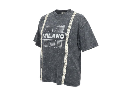 Prewornwholesale Topshop grey acid wash cotton t-shirt with Milano graphic print and white lace trim detail