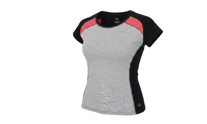 Prewornwholesale Training Zone women's grey and black athletic t-shirt with pink shoulder accents and round neck