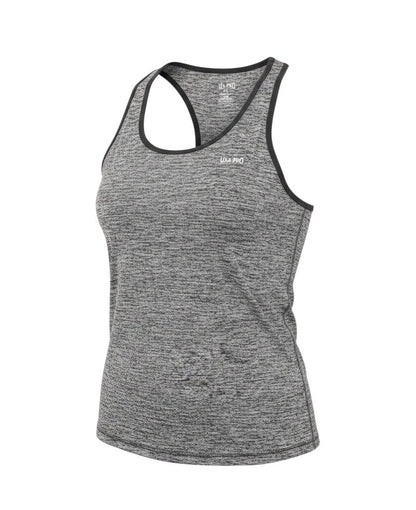 Prewornwholesale USA Pro grey racerback tank top in a lightweight, breathable nylon-polyester blend for gym workouts.