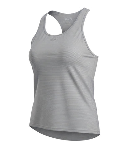 Prewornwholesale USA Pro women's grey striped polyester racerback tank top with a round neck for athletic wear.
