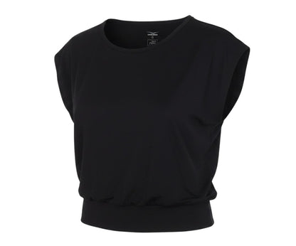 Prewornwholesale Venice Beach black jersey top with cap sleeves and a round neck, made from stretchy quick-dry fabric.