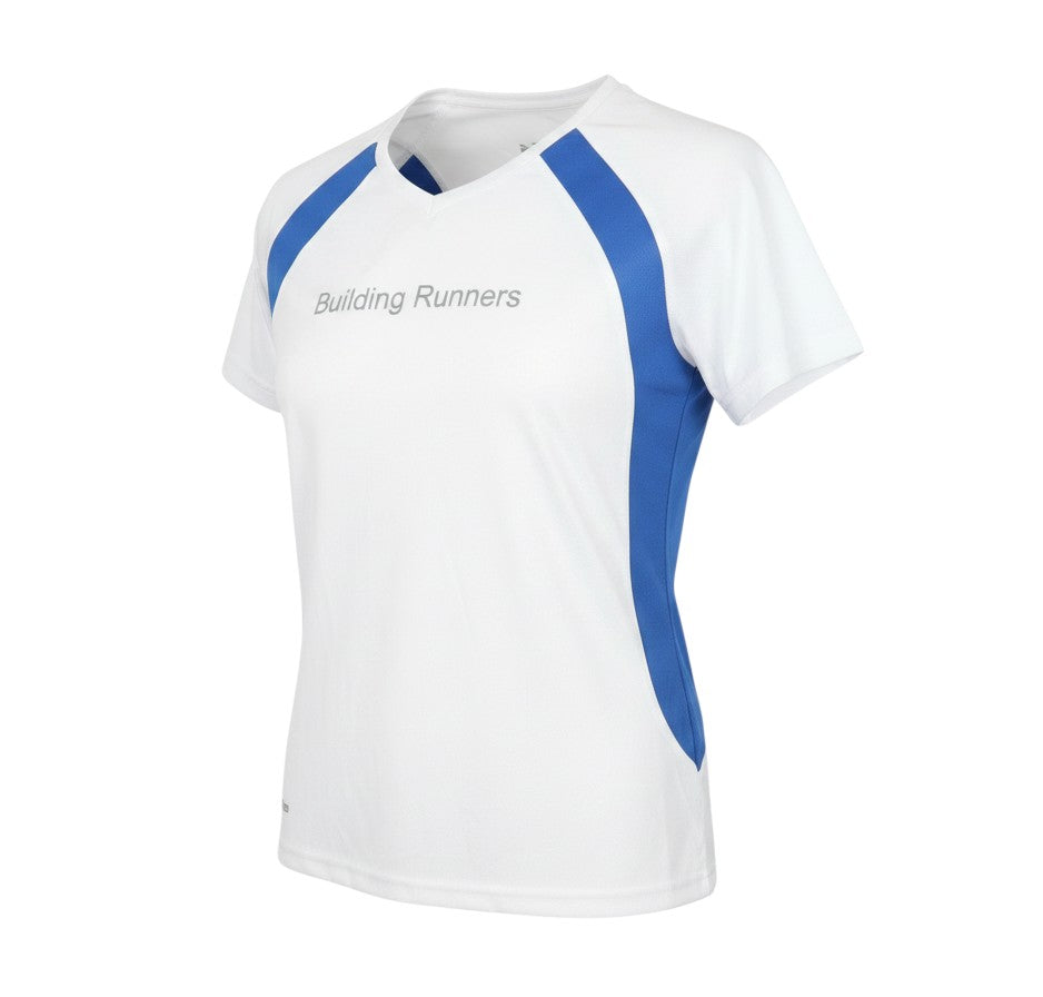 Prewornwholesale women's white and blue mesh running T-shirt with V-neck, short raglan sleeves, and athletic fit.
