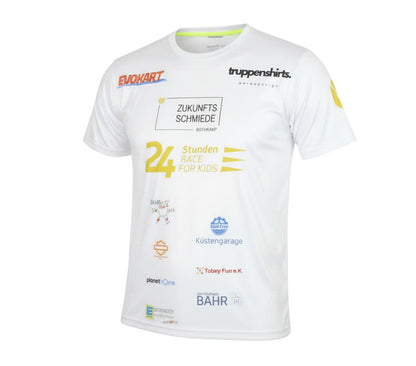 Prewornwholesale white polyester active T-shirt with various sponsor logos and crew neck for sports and running