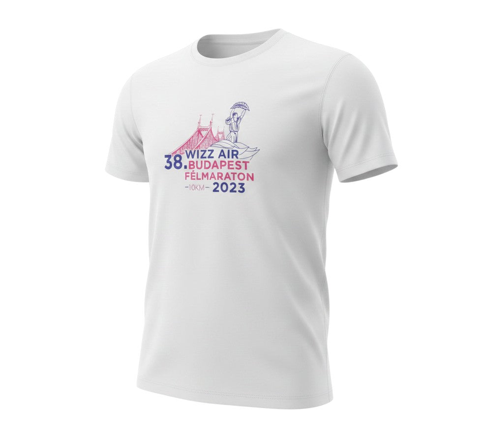 Prewornwholesale white polyester crew neck running t-shirt with Budapest Half Marathon 2023 graphic print