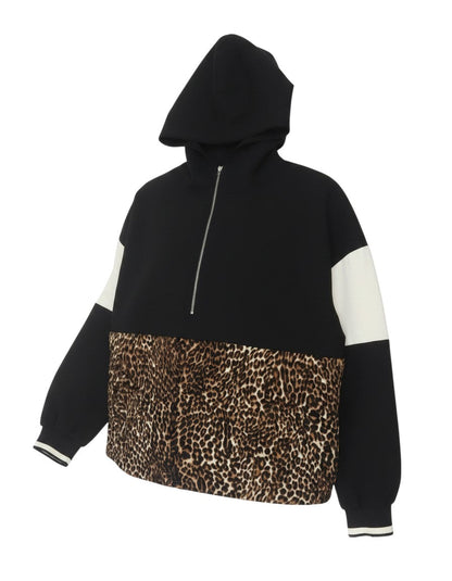 Prewornwholesale Zara Basic women's black half-zip hoodie with ivory sleeves and leopard print body panel