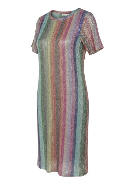 Prewornwholesale Zara midi sheath dress featuring a vibrant multicoloured vertical sequin stripe pattern and round neck